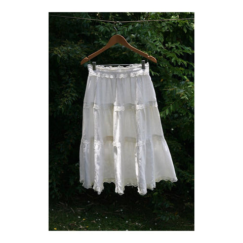 70’s White Fine Cotton and Lace Tiered Swing Skirt
