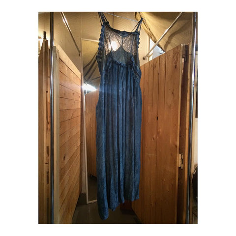 Blue Lace and Damask Print Satin Long Slip Dress
